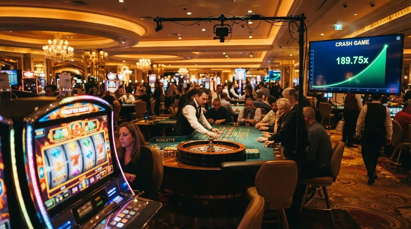Un écran partagé entre une machine à sous colorée, une table de roulette en live dealer avec un croupier en streaming, et l'interface épurée d'un crash game avec sa courbe montante