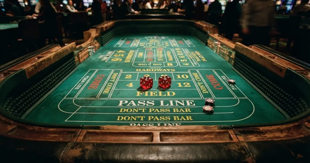 Une table de craps professionnelle vue de dessus avec ses zones de pari et deux dés rouges posés sur le tapis vert