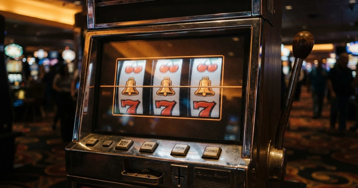 Trois rouleaux de machine à sous classique affichant des symboles cerise, cloche et 7 sur un écran, éclairage chaud de casino