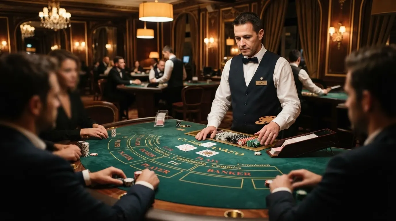 Table de Punto Banco avec croupier dans un club de jeux parisien, jetons et cartes disposés sur le tapis vert