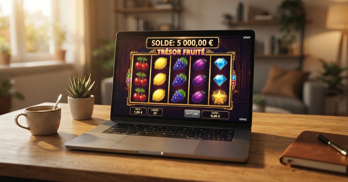 Interface d'une machine à sous en mode démonstration sur un écran d'ordinateur, avec un solde virtuel affiché et les rouleaux visibles