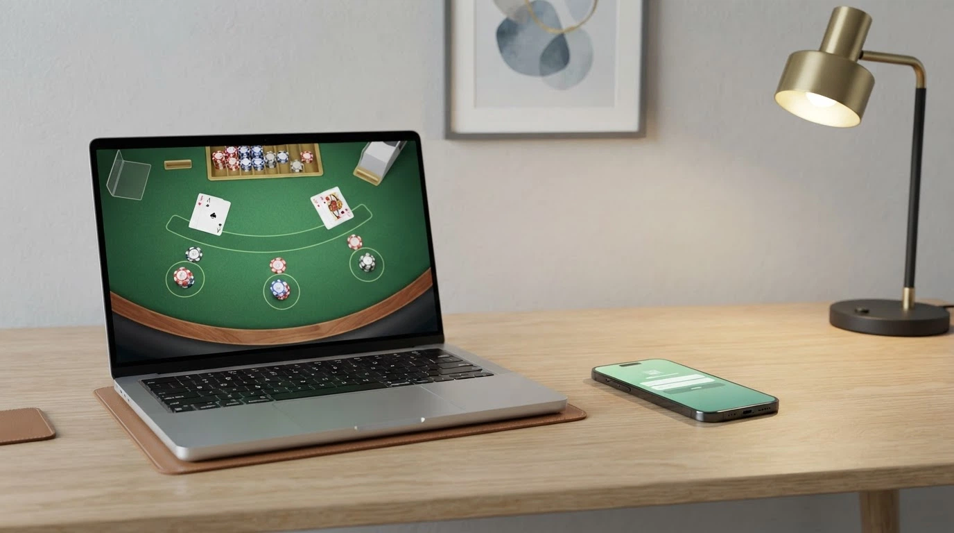 Un écran partagé entre une table de blackjack live et le site officiel anj.fr affiché dans un navigateur, posé sur un bureau avec un téléphone à côté