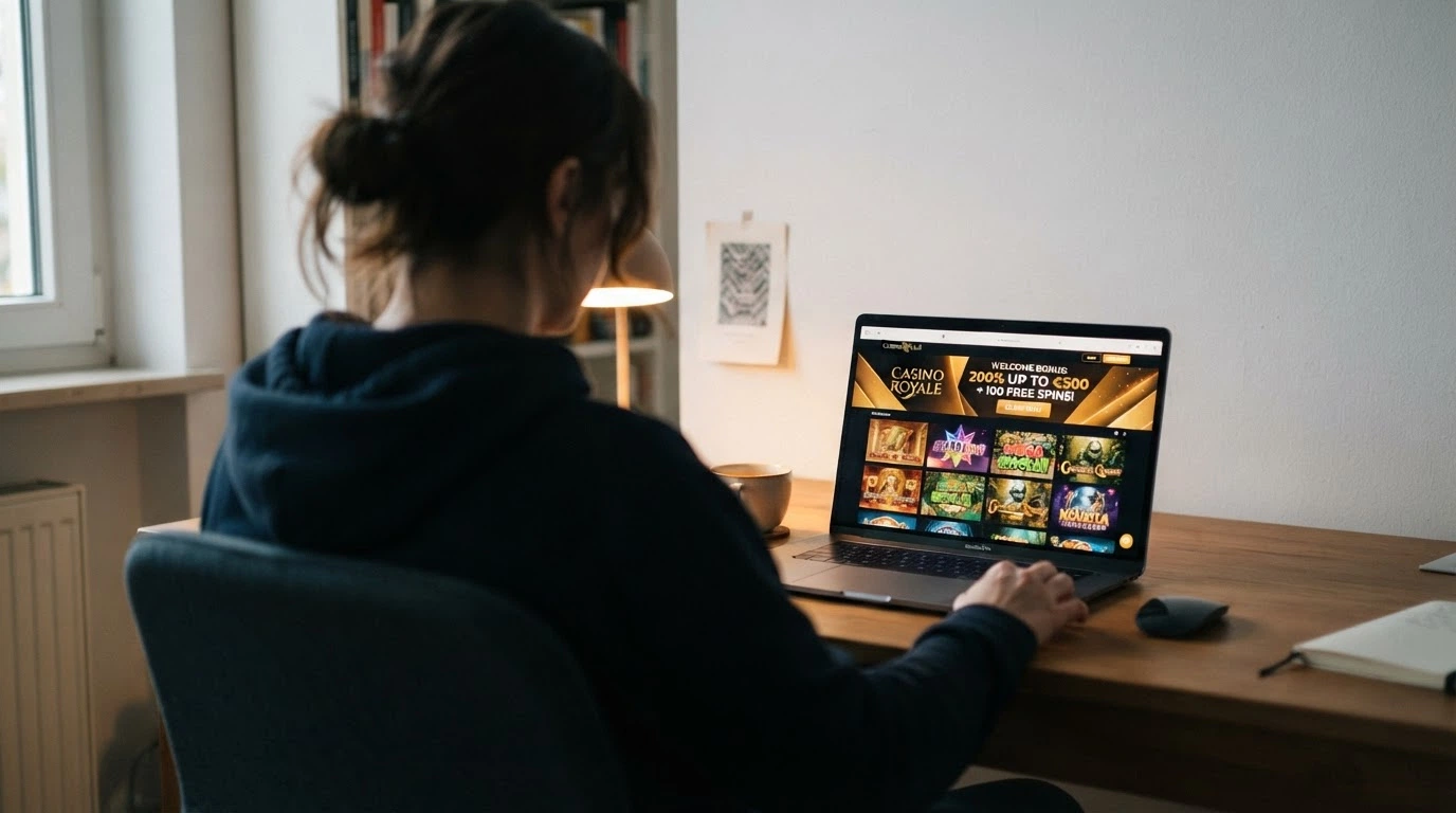 Un joueur français devant son écran d'ordinateur, page d'accueil d'un casino en ligne affichant des bonus de bienvenue