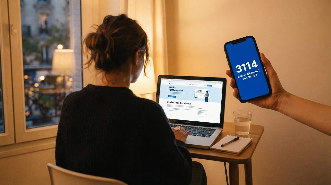 Une personne assise devant un écran, un téléphone à la main, avec le numéro 09 74 75 13 13 affiché en surimpression