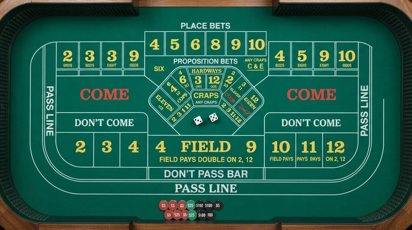 Disposition détaillée d'une table de craps avec les zones de mise annotées (Pass Line, Field, Come, Don't Pass Bar)