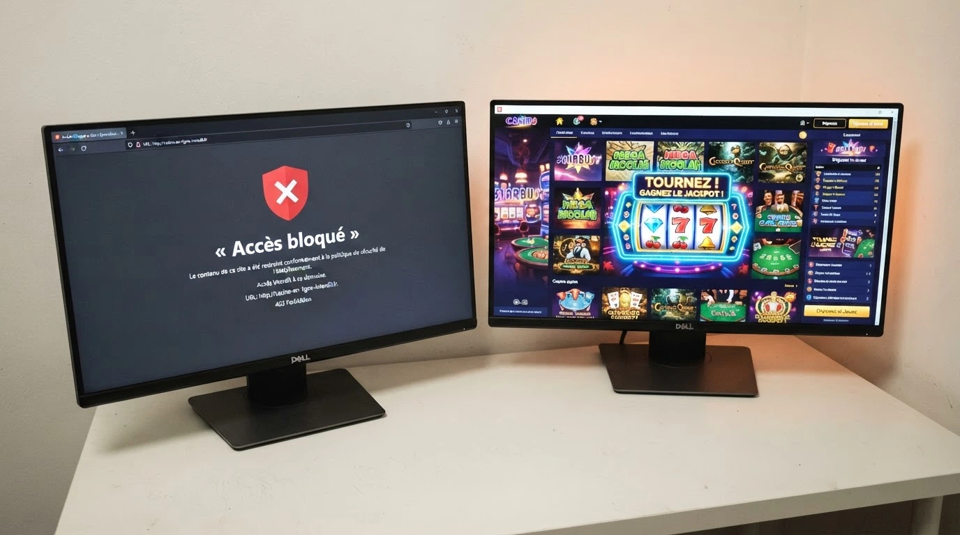 Une page d'accueil de l'ANJ ouverte sur un ordinateur, à côté d'un écran de casino en ligne aux couleurs vives, illustrant la tension entre régulation et offre accessible