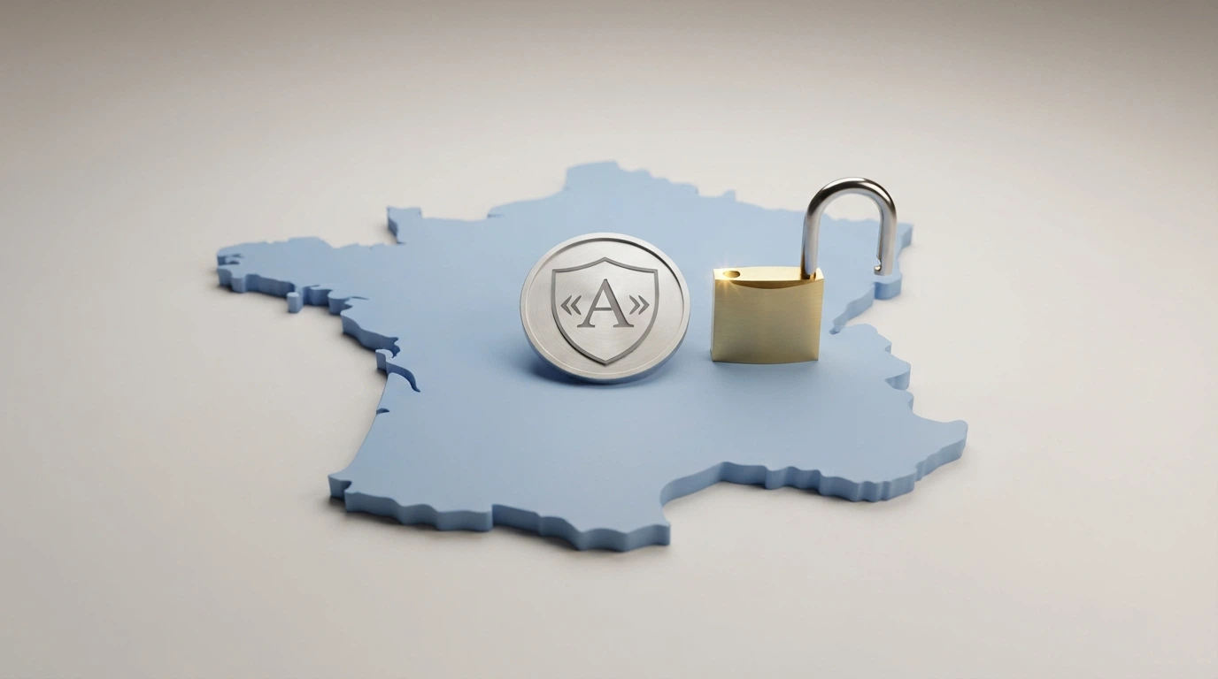 Une carte de la France avec une icône représentant l'ANJ et un cadenas ouvert superposé à une interface de casino en ligne barrée d'un bandeau « interdit »