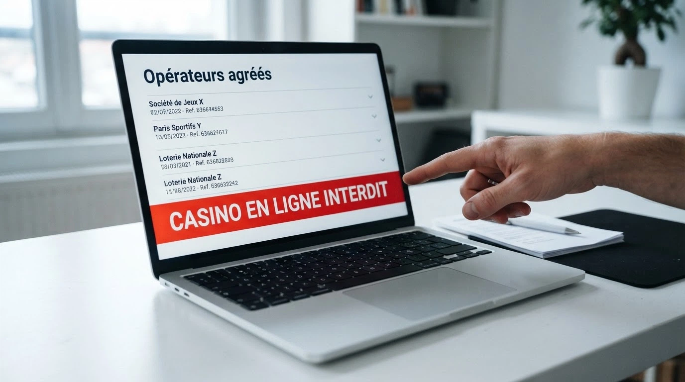 Un écran affichant le site de l'ANJ et la liste des opérateurs agréés, avec un bandeau rouge barrant la mention casino en ligne
