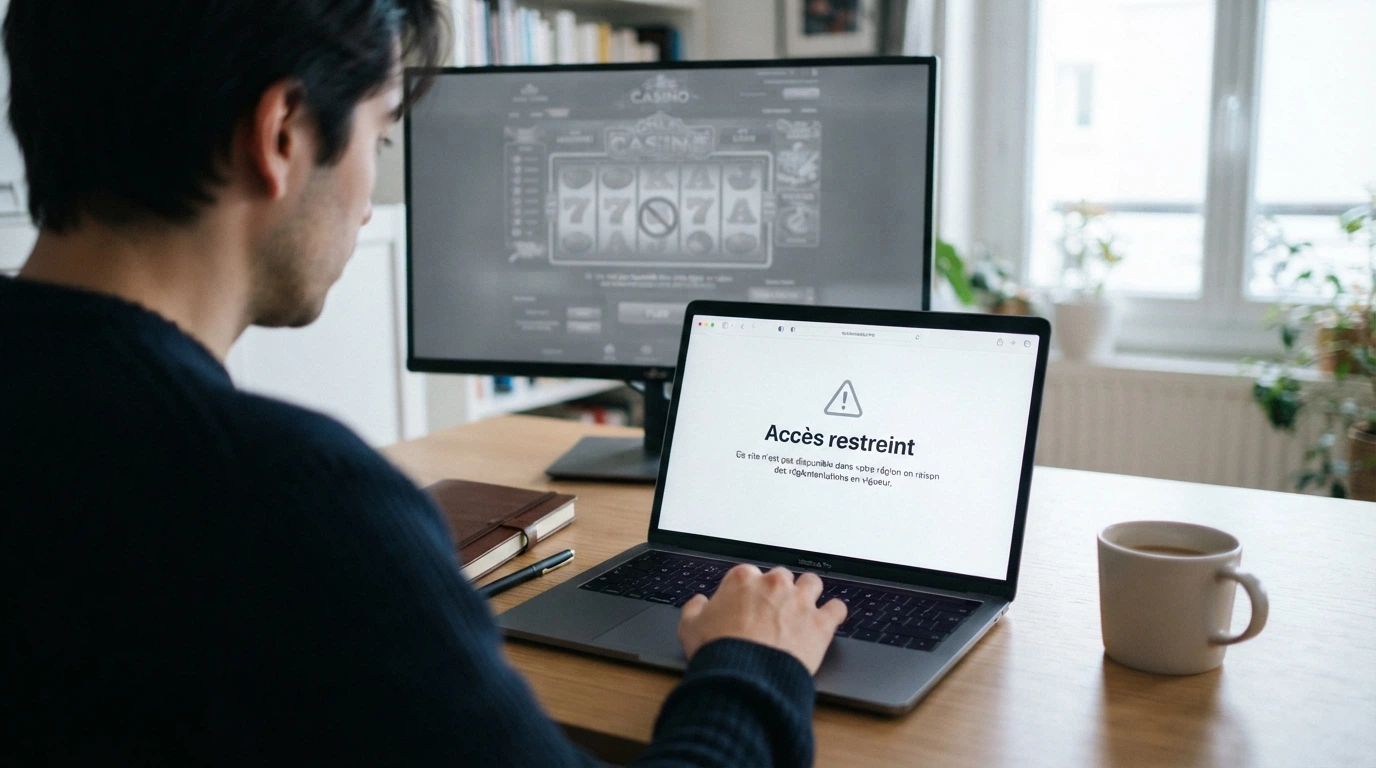 Un écran affichant le site de l'ANJ avec la mention « sites bloqués » et une interface de casino grisée en arrière-plan