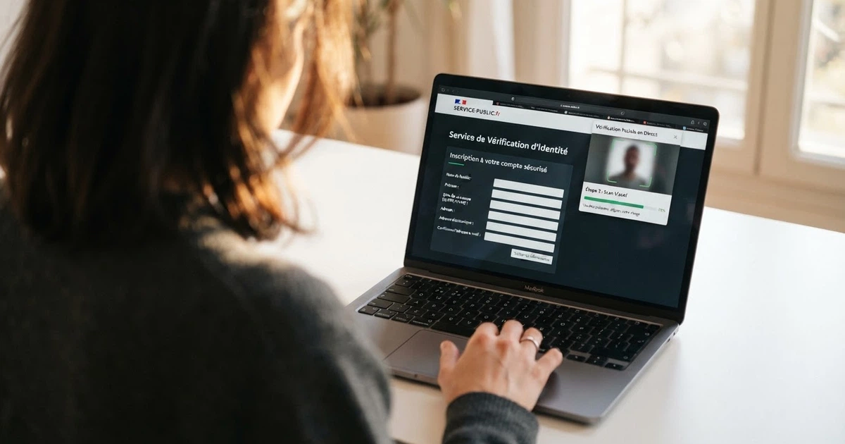 Un adulte consulte une page officielle de l'ANJ sur un écran d'ordinateur, une carte d'identité posée à côté du clavier.