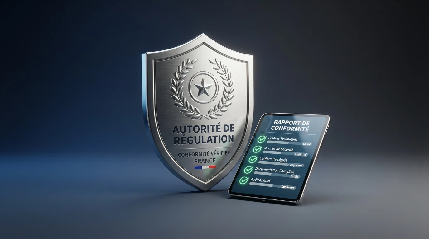 Le logo de l'ANJ sur un écran à côté d'une liste de critères de sélection d'un casino