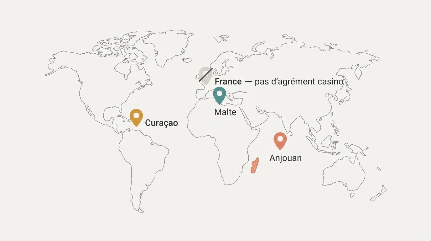 Carte schématique des juridictions de licence (Curaçao, Malte, Anjouan) avec mention de l'absence d'agrément ANJ pour le casino en ligne