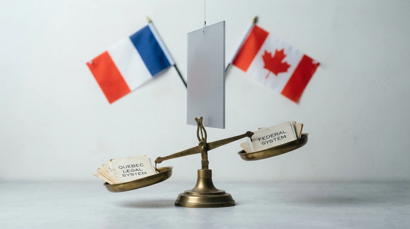 Une balance de justice devant les drapeaux du Canada et de la France, séparés par un écran de blocage administratif