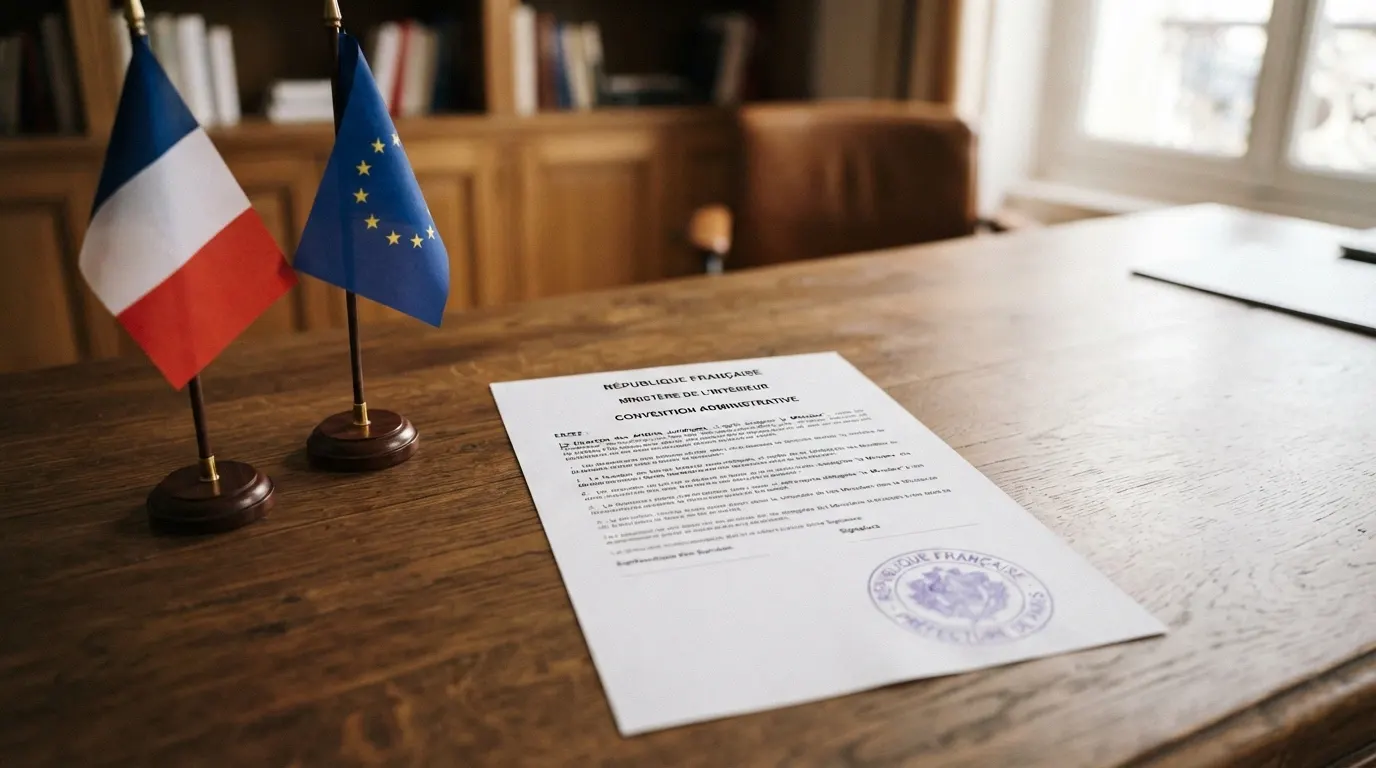 Un document officiel de licence de jeu posé à côté d'un drapeau français et d'un drapeau européen, avec un tampon mentionnant la juridiction étrangère