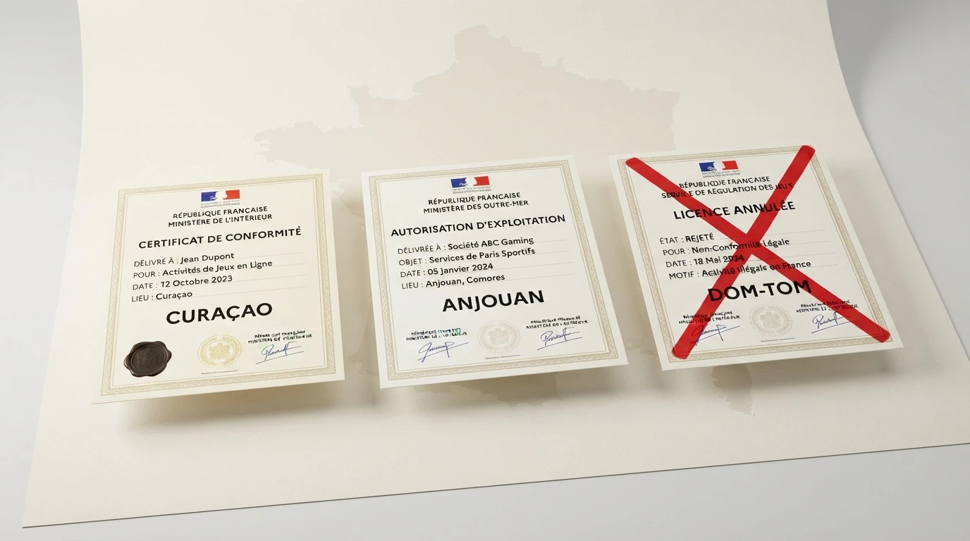 Trois certificats de licence côte à côte (Curaçao, Anjouan, ANJ barré) sous une carte de France
