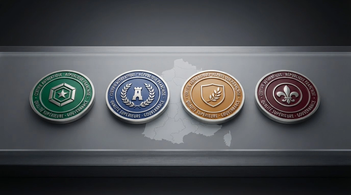 Quatre badges de licence posés côte à côte — Curaçao, Anjouan, MGA et Kahnawake — devant une carte de France en filigrane