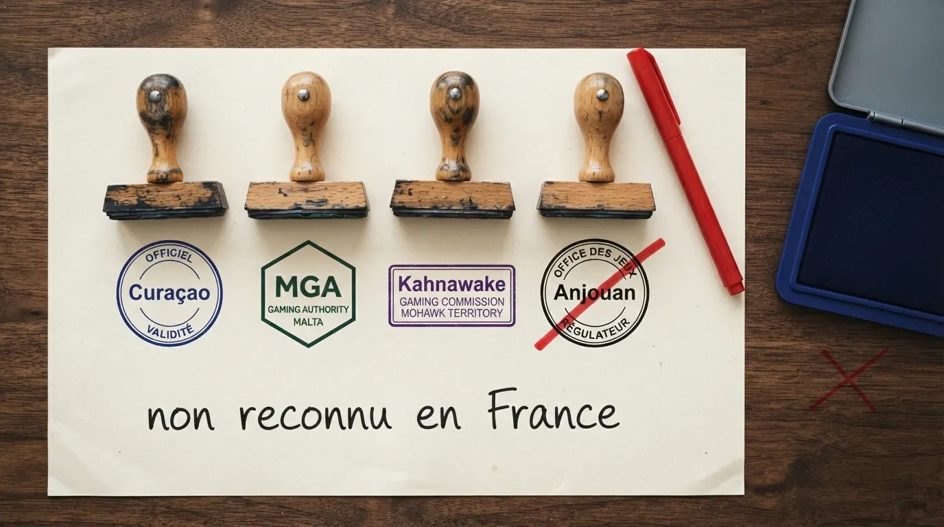 Une carte des licences : quatre tampons côte à côte — Curaçao, MGA, Kahnawake, Anjouan — et en dessous un tampon ANJ barré d'un trait rouge avec la mention « non reconnu en France »
