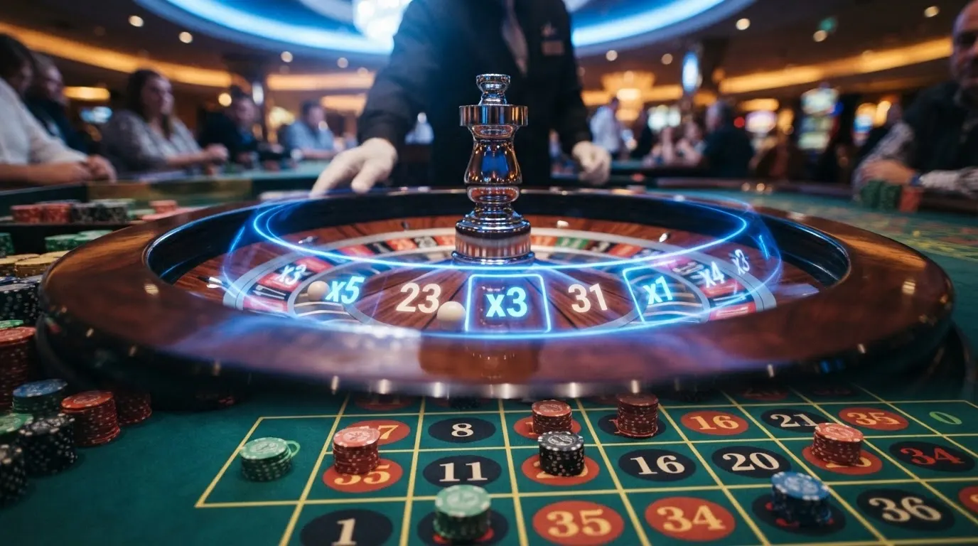 Table de Lightning Roulette Evolution Gaming en plein jeu : gros plan sur la roue, les numéros éclairés par un multiplicateur Lightning et l'interface de mise des joueurs