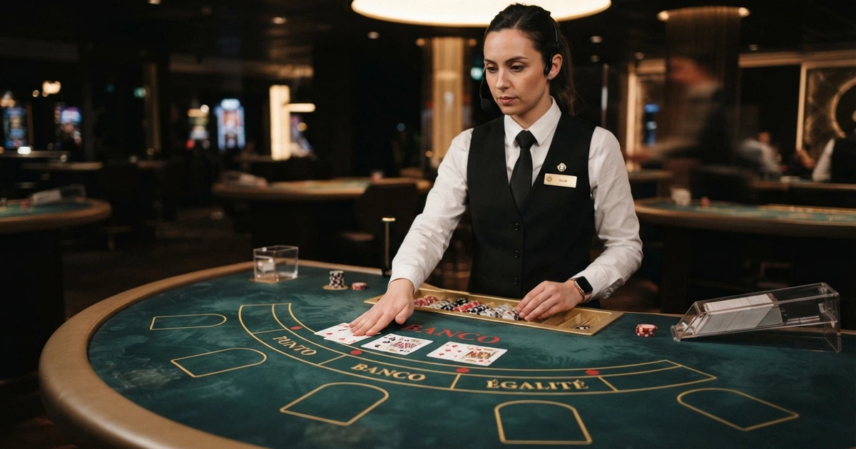 Une table de punto banco filmée en studio live avec un croupier en tenue professionnelle, les cases de mise Punto, Banco et Égalité visibles au premier plan, des cartes disposées sur le tapis vert
