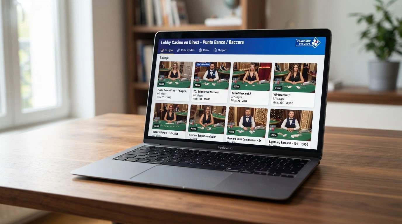 L'écran d'un lobby de casino en ligne affichant plusieurs tables de punto banco en direct, avec les limites de mise, le nombre de places disponibles et les noms des croupiers visibles pour chaque table