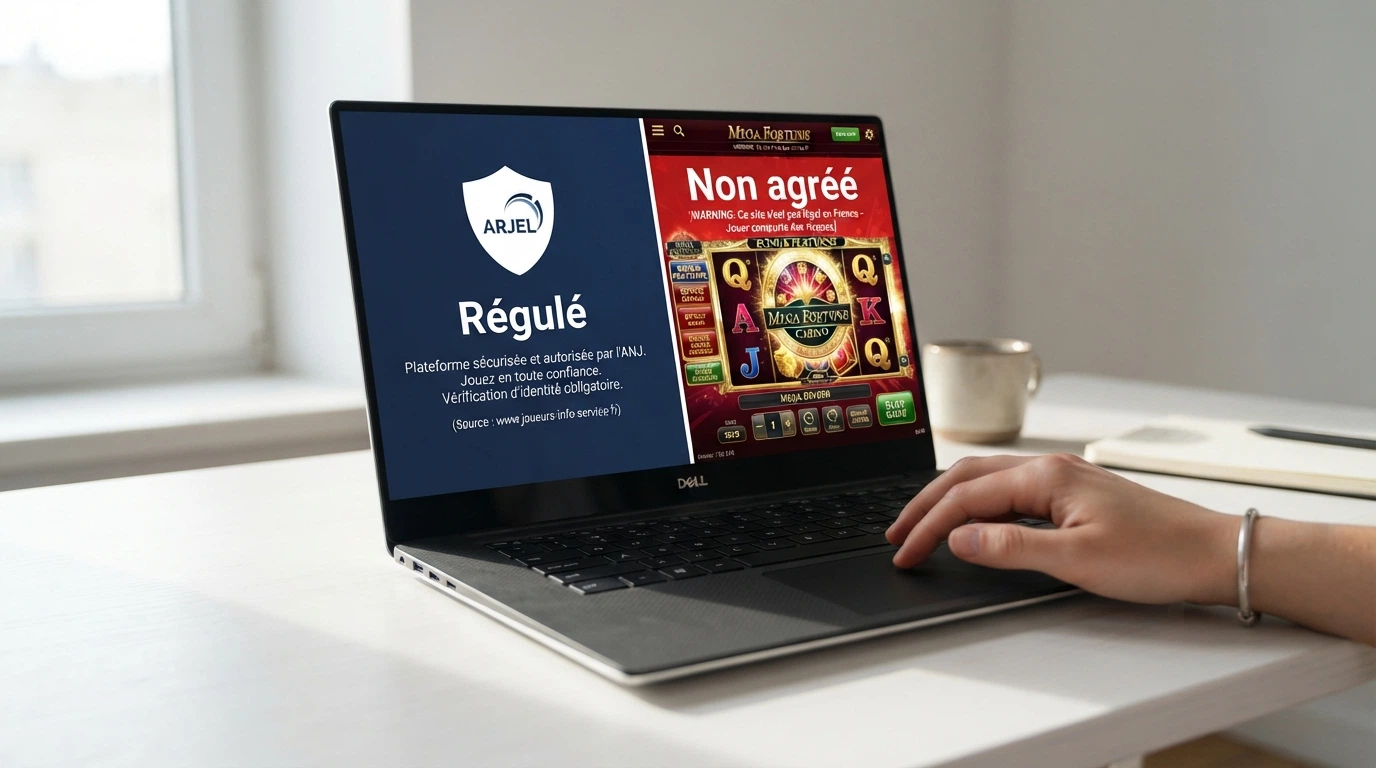 Un écran partagé entre le logo de l'ANJ sur fond bleu et une interface de casino barrée d'un avertissement rouge