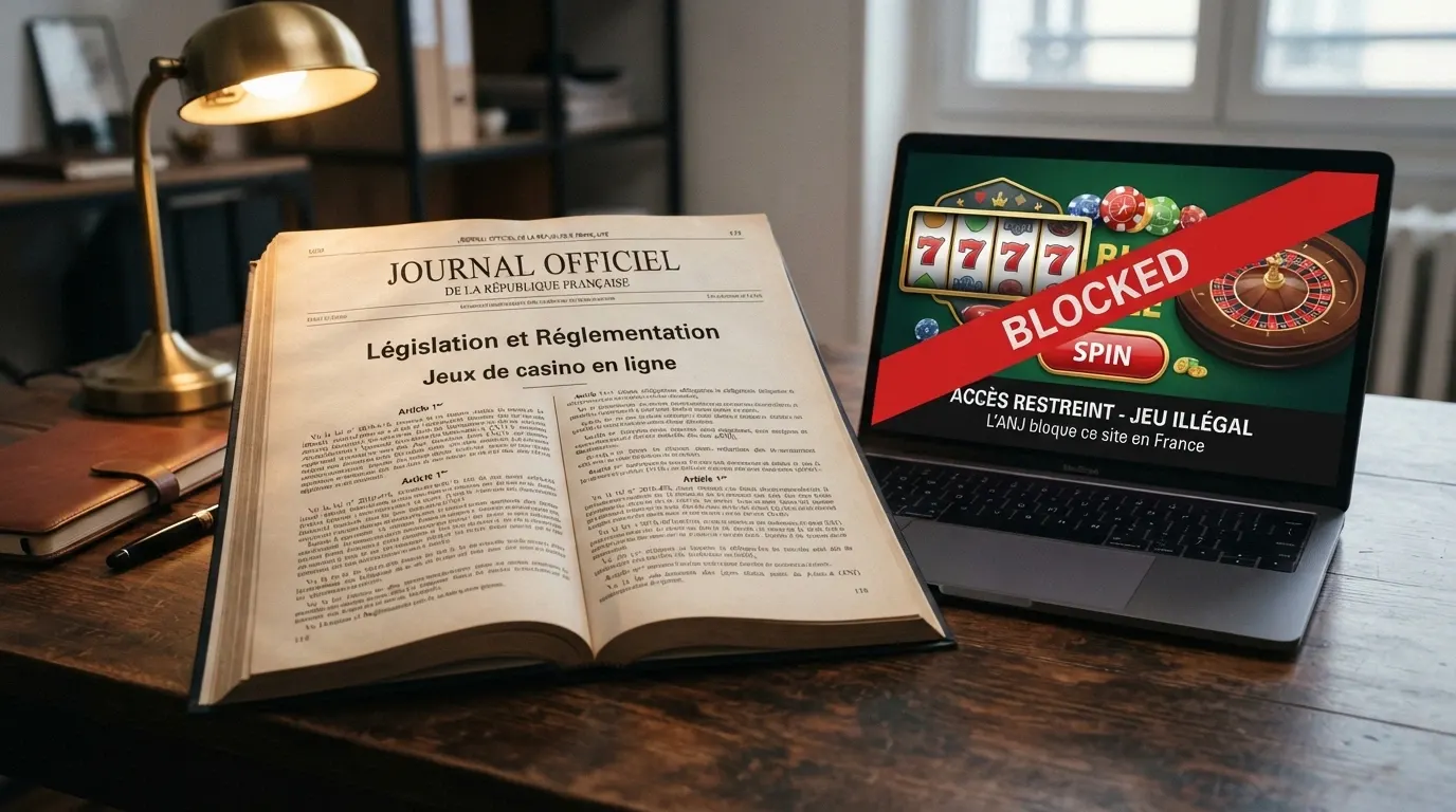Une page du Journal Officiel français ouverte à côté d'un écran affichant un casino en ligne barré d'un bandeau rouge