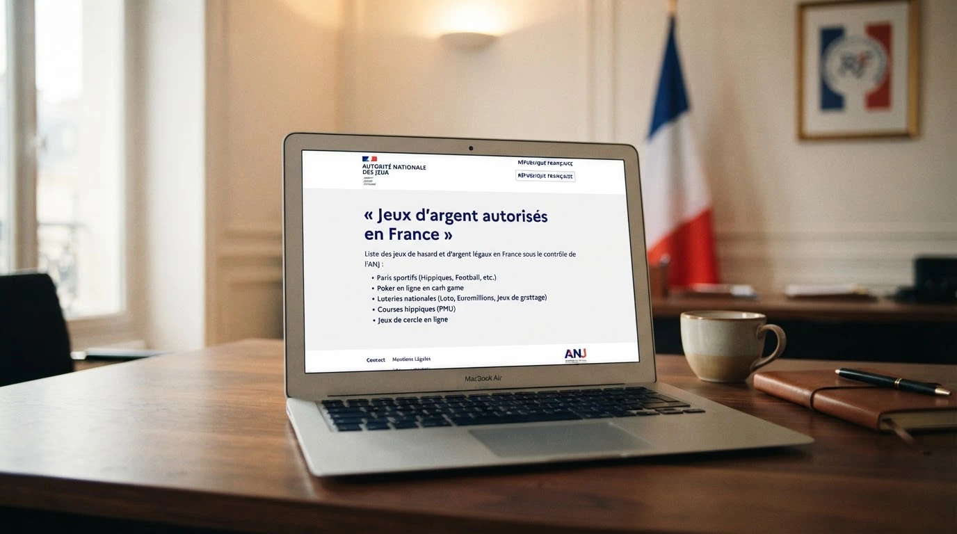 Une capture d'écran du site de l'ANJ (anj.fr) affichant la page « Quels sont les jeux d'argent autorisés en France ? », avec le drapeau français en arrière-plan flouté