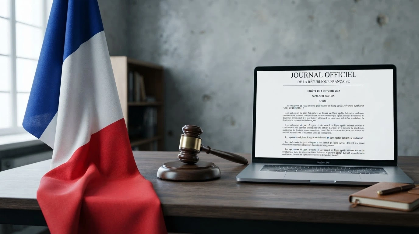 Le drapeau français et le logo de l’ANJ sur un fond de texte juridique