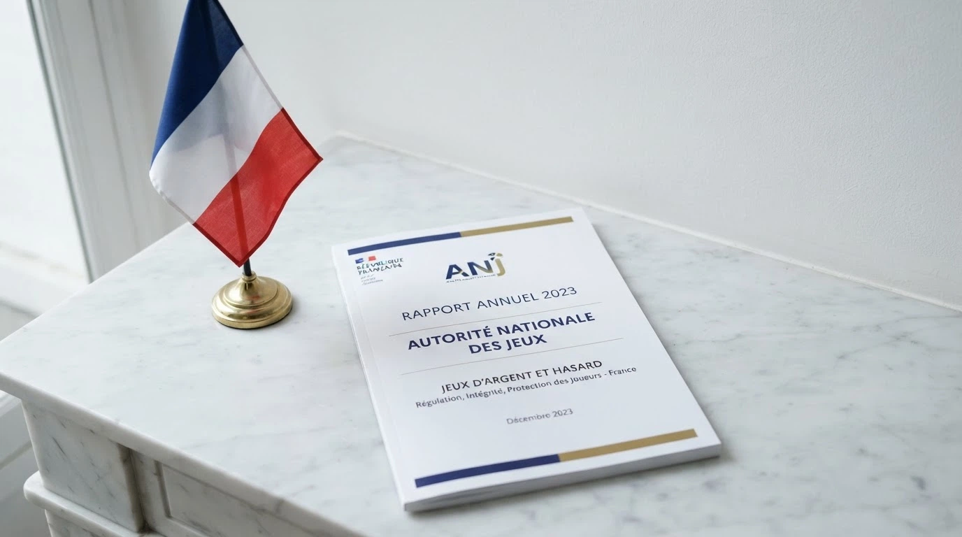 Le logo de l'ANJ (Autorité nationale des jeux) accompagné du drapeau français et d'un texte réglementaire, sur un fond blanc institutionnel.