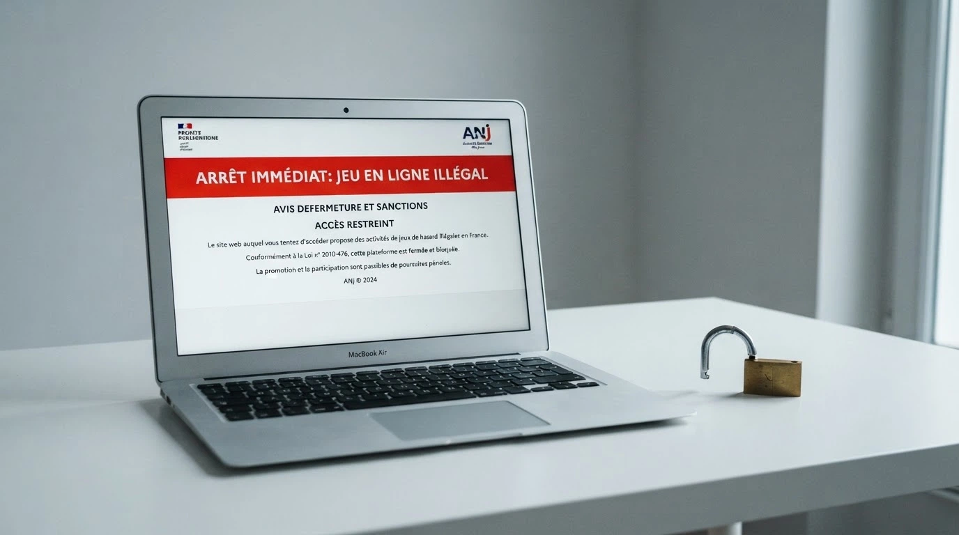 Un écran partagé entre le site de l'ANJ affichant un message d'interdiction et une interface de casino en ligne, avec un cadenas brisé au centre