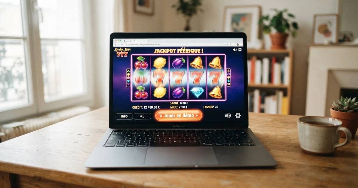 Machine à sous colorée affichée dans un navigateur web, interface en français, rouleaux visibles, bouton « jouer en démo » mis en évidence, aucun téléchargement requis