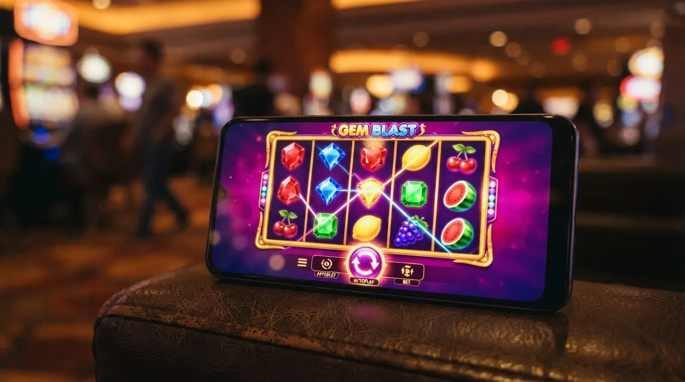 Écran de smartphone en orientation paysage montrant une machine à sous colorée avec l'interface tactile, sur fond de casino flouté