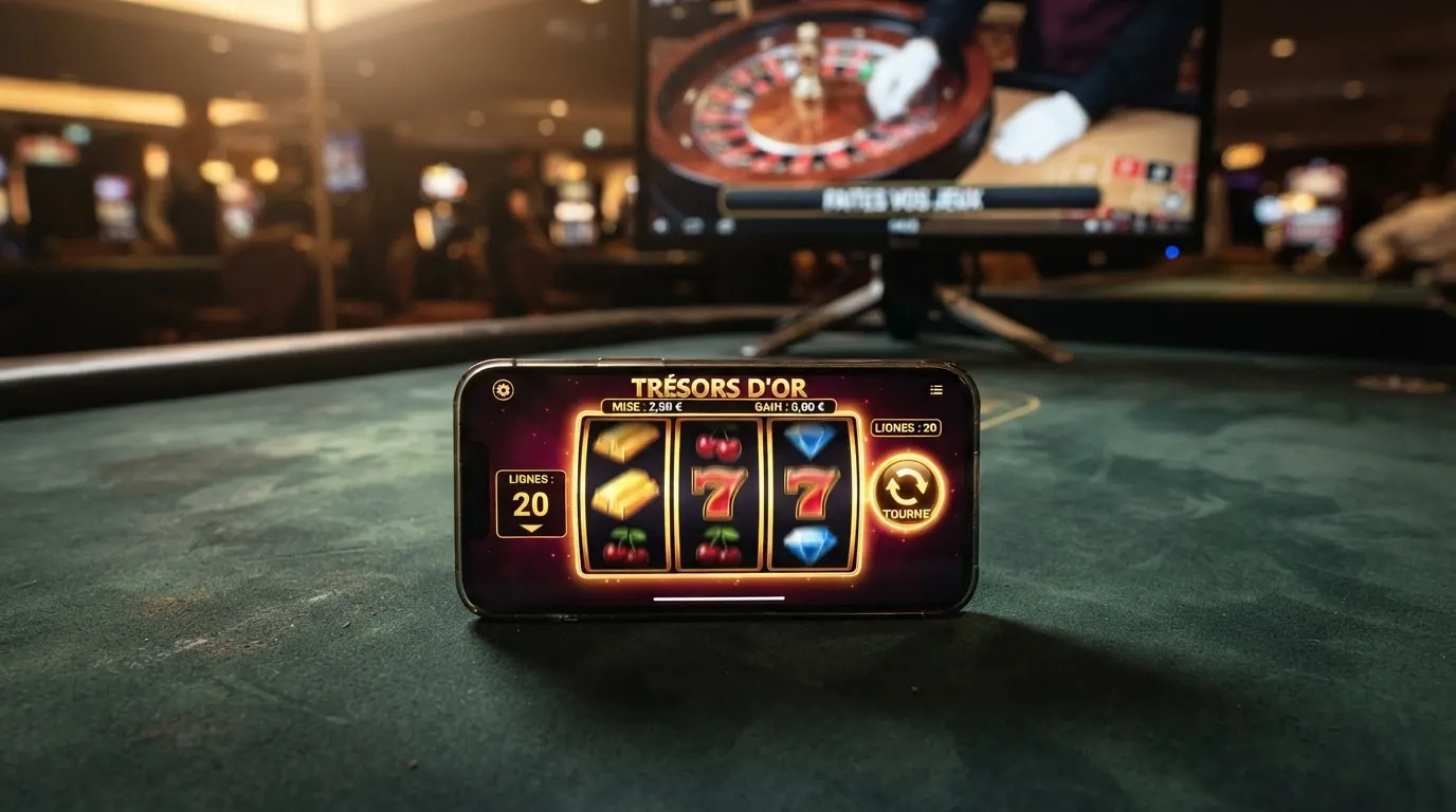 Un smartphone posé sur une table de jeu, affichant une machine à sous en cours de partie, avec en arrière-plan flou un écran de casino live montrant une roulette