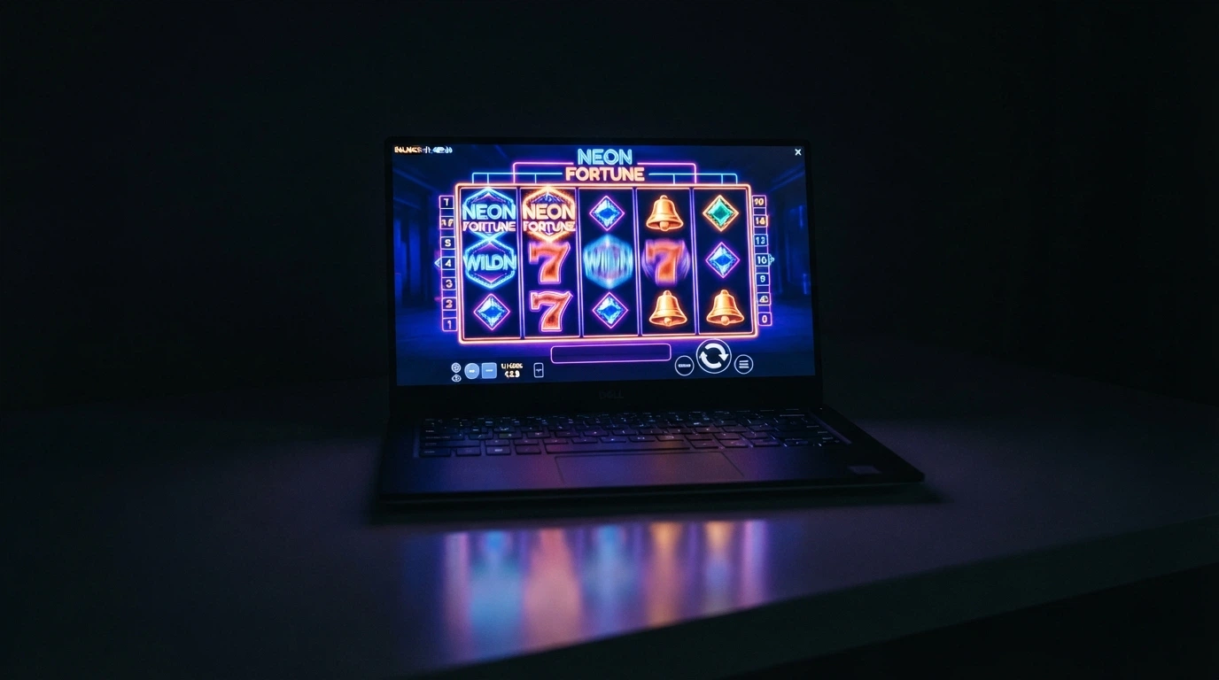Écran de machine à sous en ligne affichant des rouleaux colorés, un solde en Dogecoin et l'interface de jeu sur navigateur