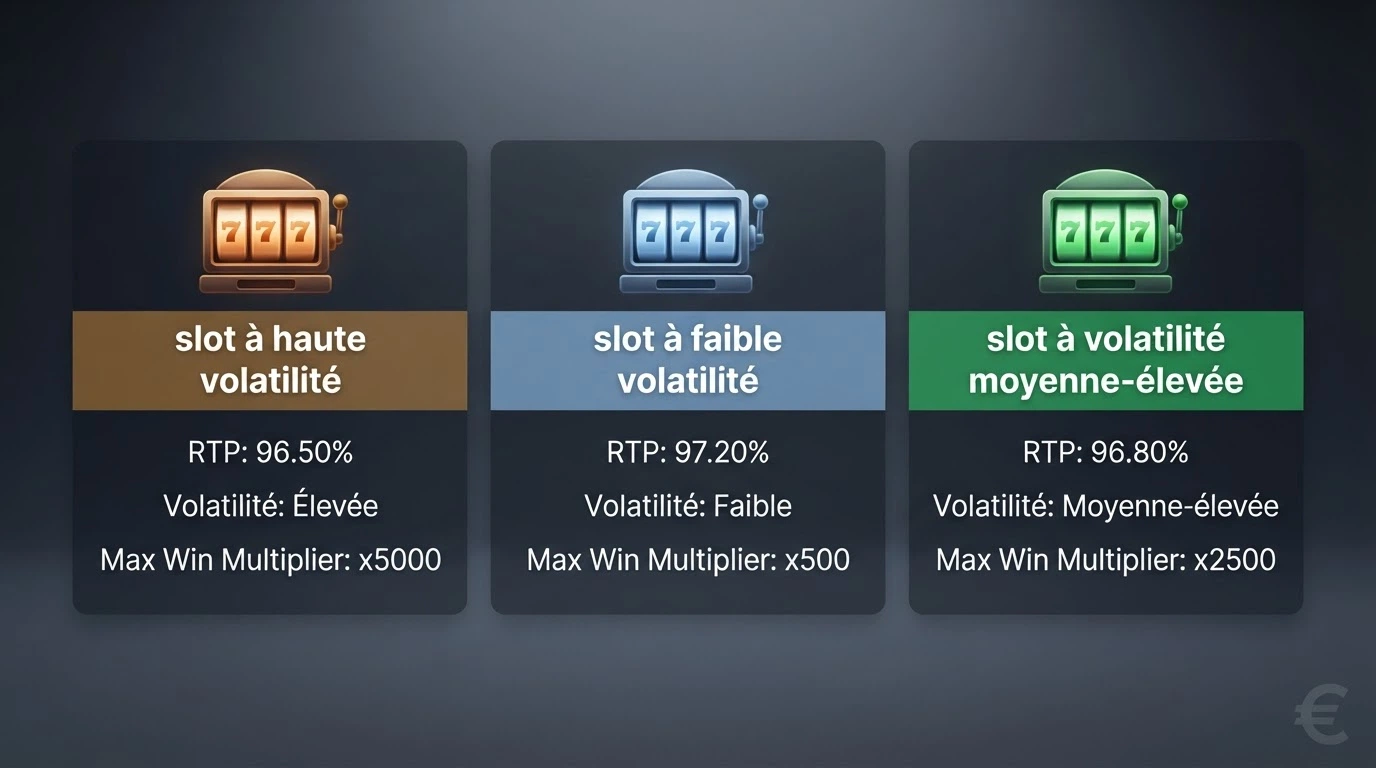Trois machines à sous populaires — Book of Dead, Starburst et Big Bass Bonanza — avec leurs RTP, volatilité et gain maximum affichés