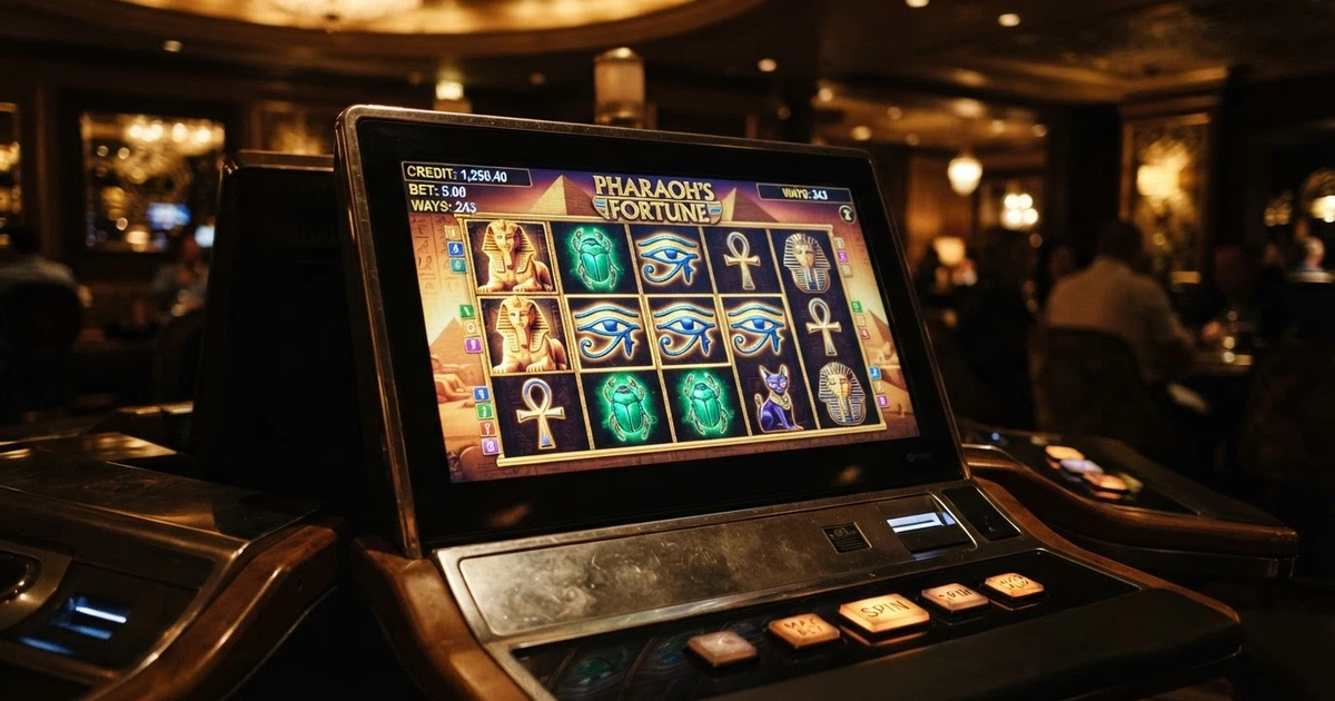 Interface de la machine à sous Cleopatra d'IGT avec ses rouleaux 5×3, ses symboles égyptiens (Sphinx, scarabée, œil d'Horus) et le logo Cleopatra en haut de l'écran