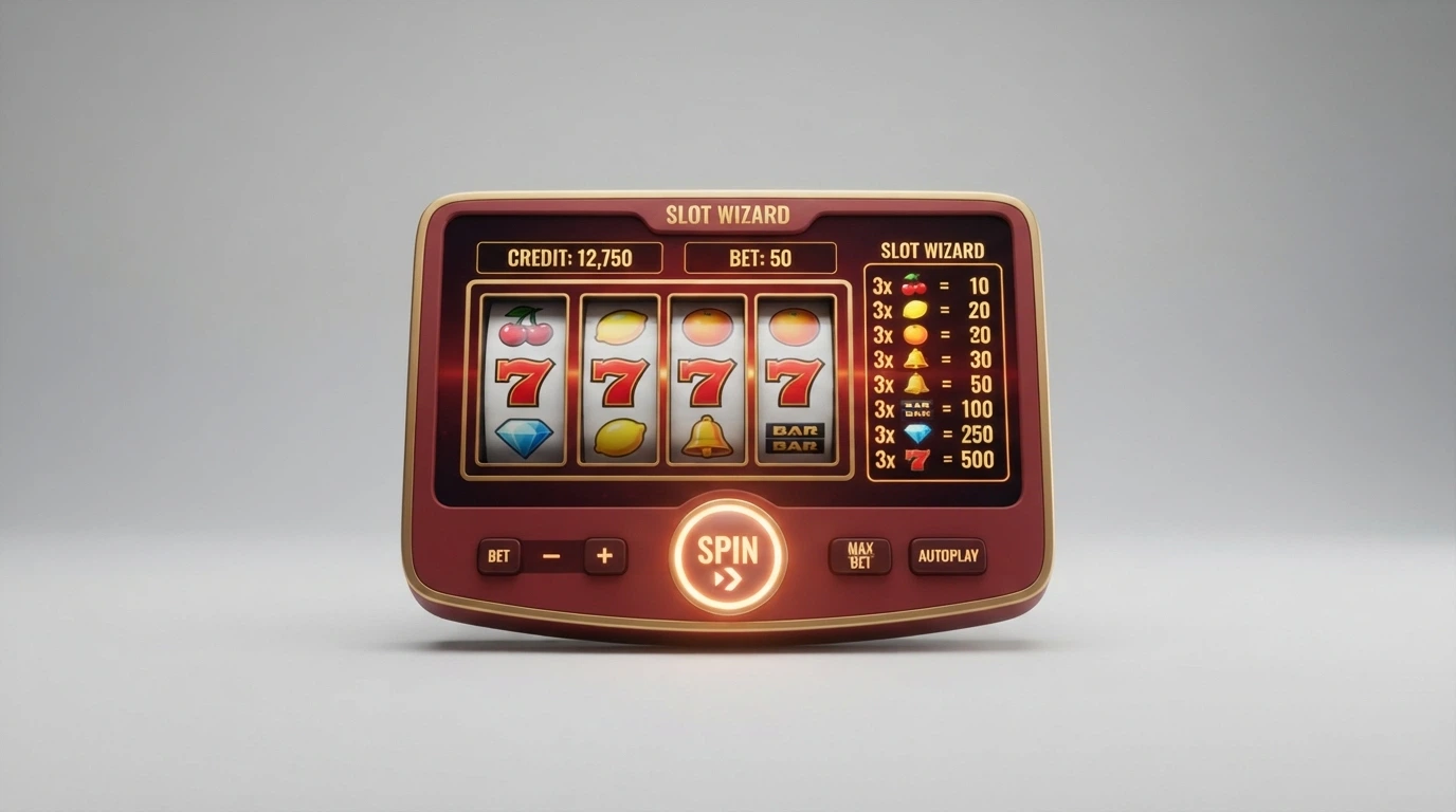 Interface d'une machine à sous en mode démo avec rouleaux visibles, table de gains et bouton de mise en évidence, sur fond neutre