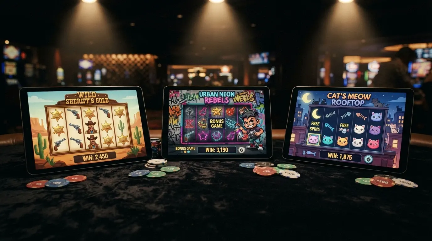 Les slots Wanted Dead or a Wild, Chaos Crew et RIP City de Hacksaw Gaming sur un fond de casino