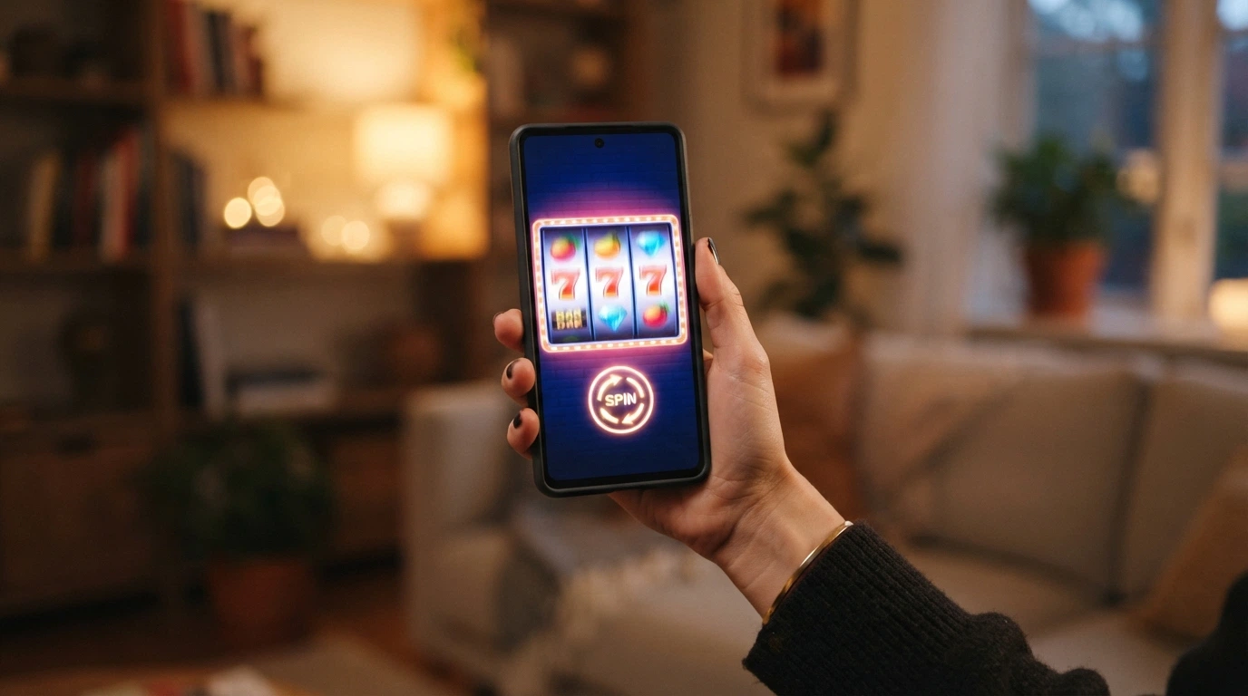 L'écran d'un iPhone affichant une machine à sous colorée en mode portrait, les rouleaux visibles et l'interface tactile adaptée