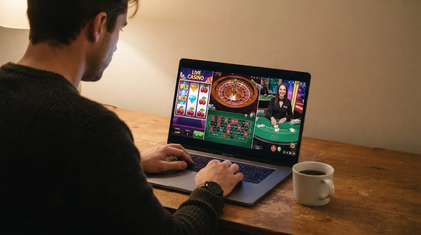 Écran partagé entre une machine à sous colorée, une table de roulette et une interface de live casino avec croupier