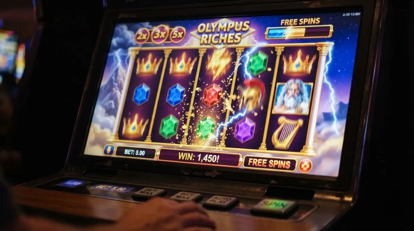 Capture d'écran de la machine à sous Gates of Olympus avec ses symboles colorés, ses multiplicateurs et l'interface de jeu caractéristique de Pragmatic Play