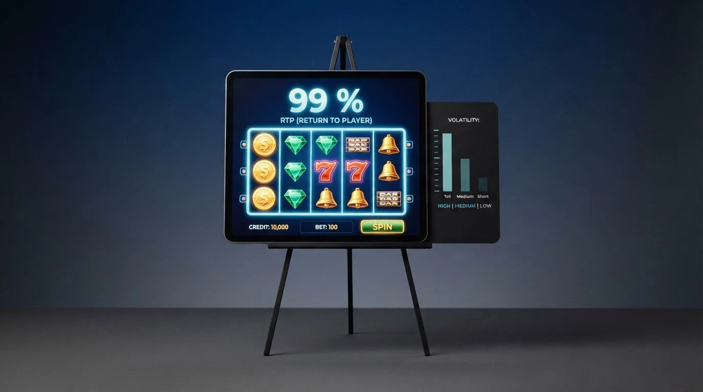 Interface de machine à sous en ligne affichant le taux de redistribution RTP de 99 %, avec des symboles de Book of 99 et un graphique comparatif de volatilité.