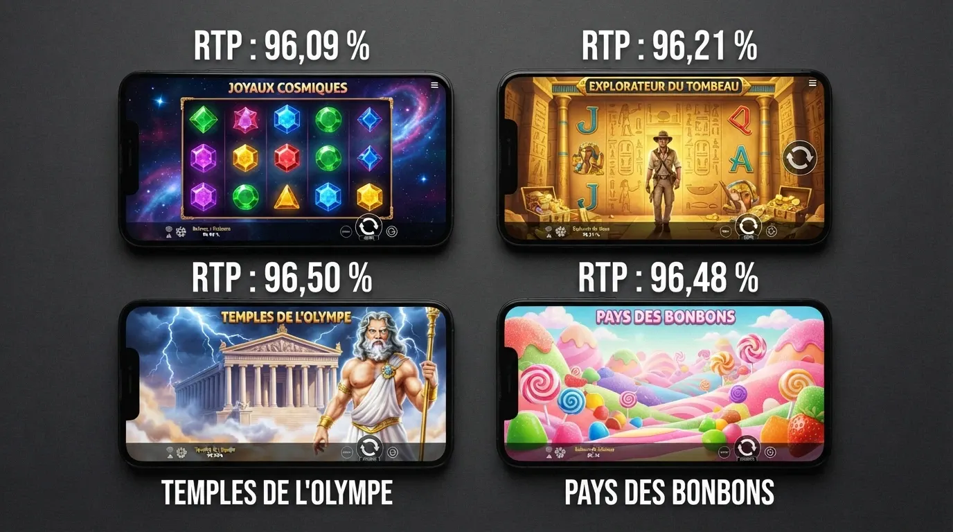 Quatre machines à sous emblématiques (Starburst, Book of Dead, Gates of Olympus, Sweet Bonanza) disposées en grille avec leur pourcentage RTP affiché en surimpression
