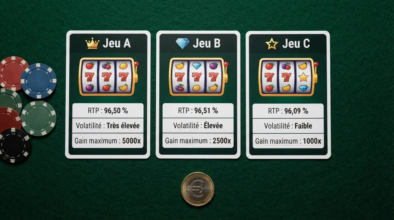 Trois fiches de machines à sous juxtaposées avec leur RTP, leur volatilité et leur gain maximum affichés en évidence
