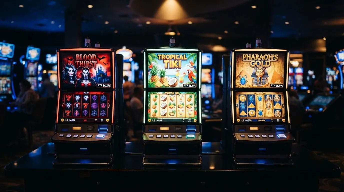 Une grille de plusieurs machines à sous en ligne affichant leurs pourcentages de redistribution sur un fond de casino