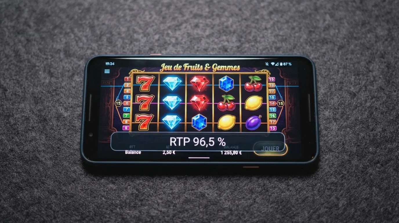 Écran de jeu d'une machine à sous en ligne affichant son taux de redistribution (RTP) dans le menu d'information, avec les rouleaux visibles en arrière-plan