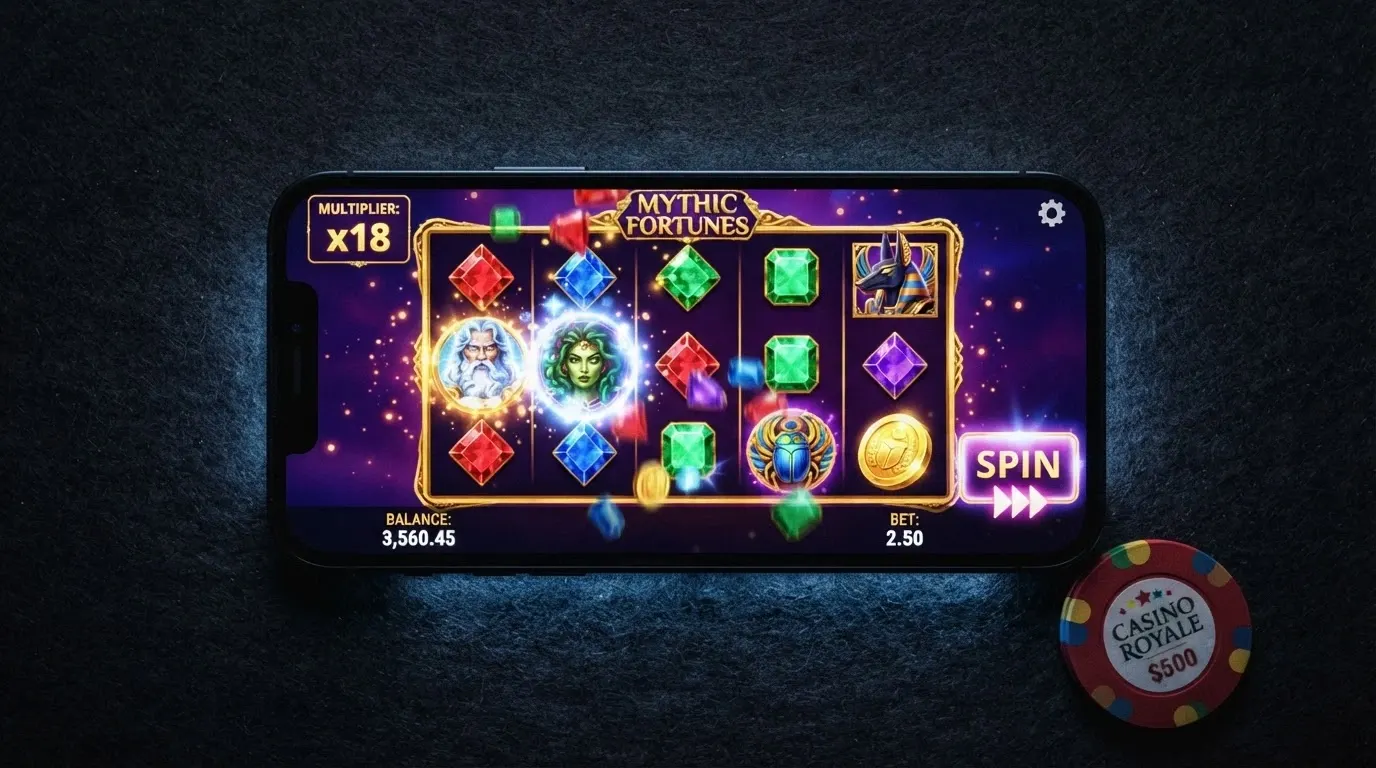 Écran de smartphone en orientation paysage affichant les rouleaux d'une machine à sous colorée type Gates of Olympus, avec l'interface tactile du jeu visible