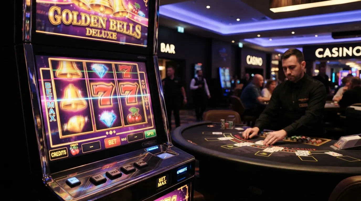 Écrans de machines à sous colorées et table de blackjack en direct avec croupier filmé en studio