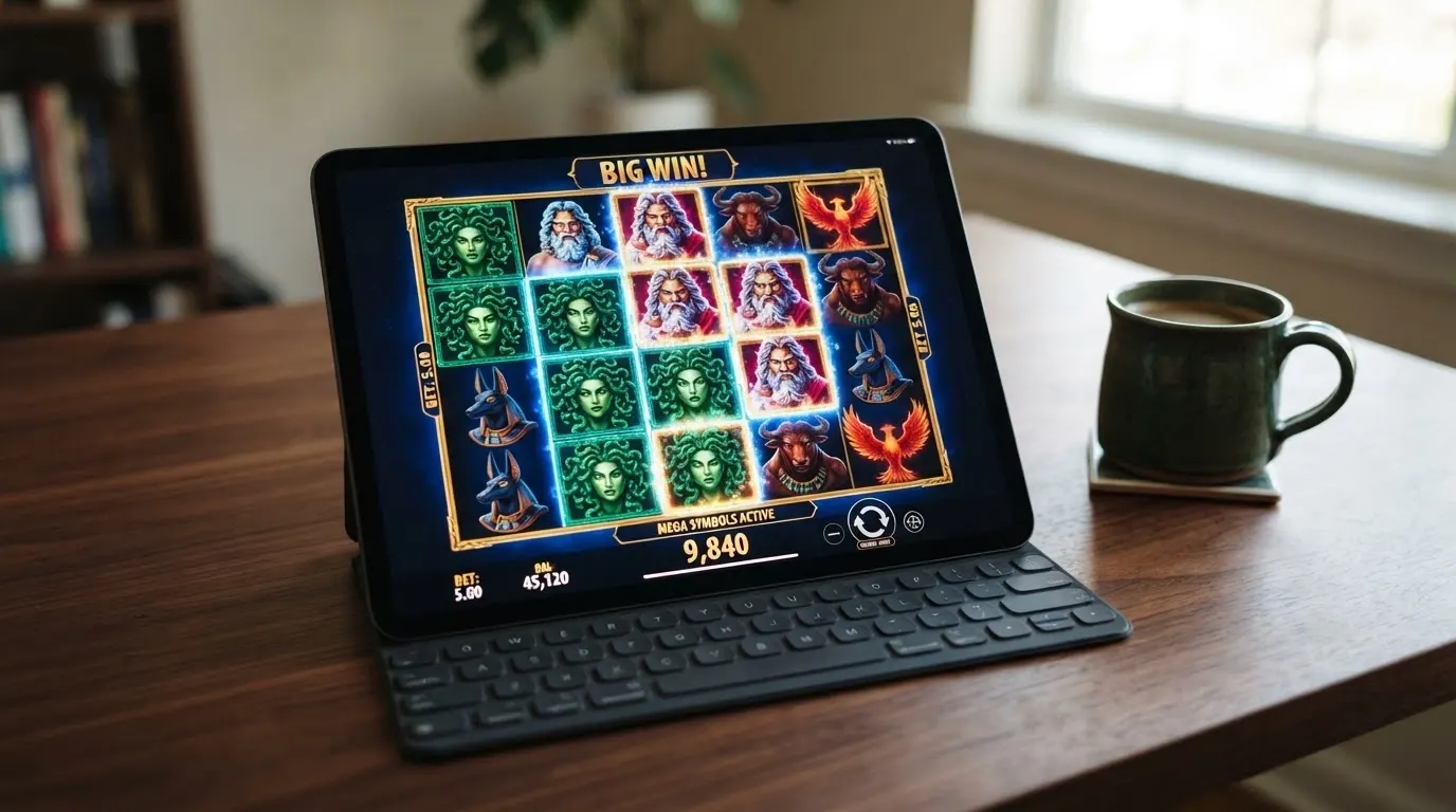 Capture d'écran de la grille de jeu d'une slot Yggdrasil avec symboles surdimensionnés GigaBlox