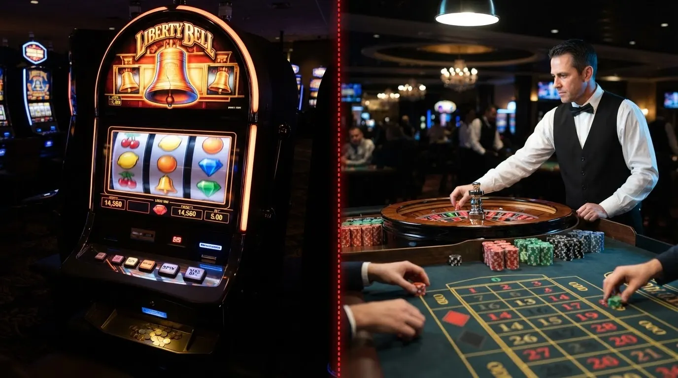 Un écran partagé montrant à gauche une machine à sous colorée type Sweet Bonanza et à droite une table de roulette avec croupier en direct, les deux écrans entourés d'un cadre rouge pointillé.